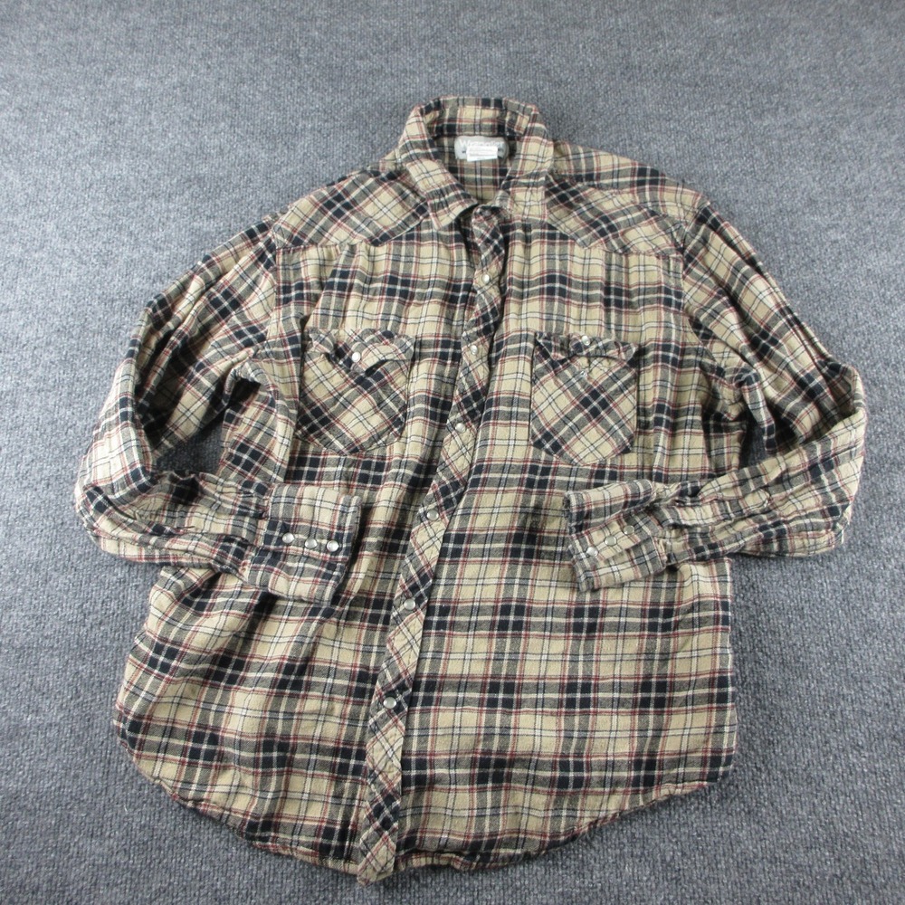 Wrangler Shirt Womens XL Beige Plaid Flannel Snap Button Western‎ Long Sleeve